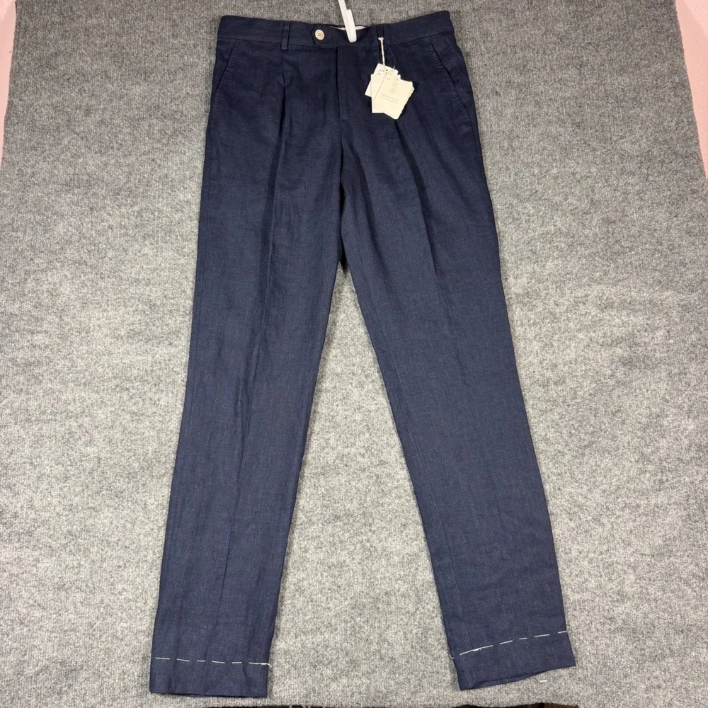 Brunello Cucinelli Pleated Linen Trousers Mens 33/42IT Italy Blue 100% Linen NWT